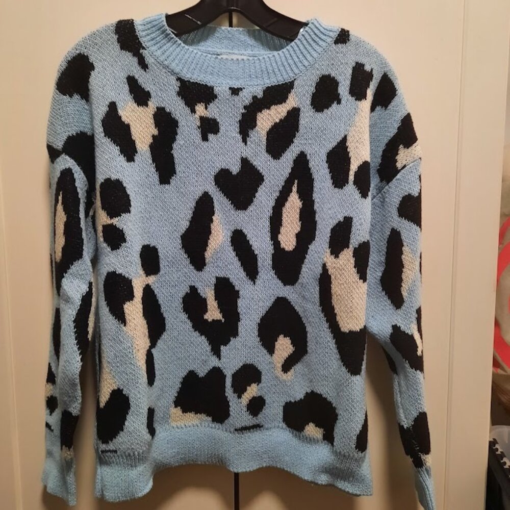 Debut Blue Animal Print Crew Neck Oversized Sweater Sz L